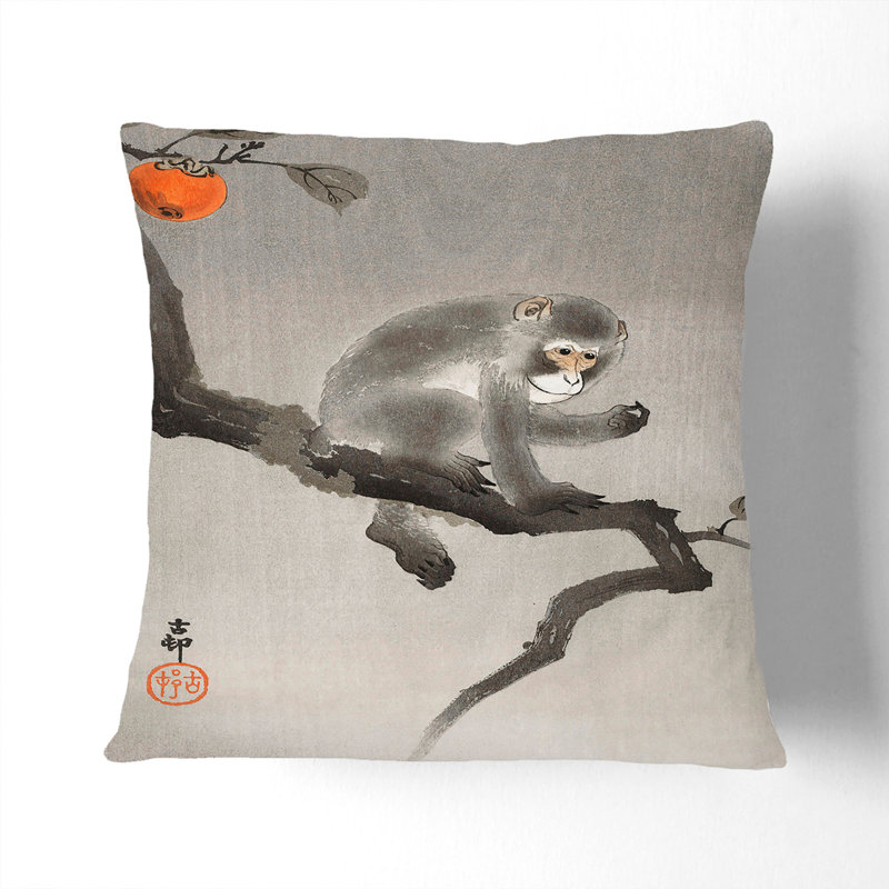 Monkey upon an Orange Tree by Ohara Koson Cushion with Filling, 40cm H x 40cm W x 15cm D, Black