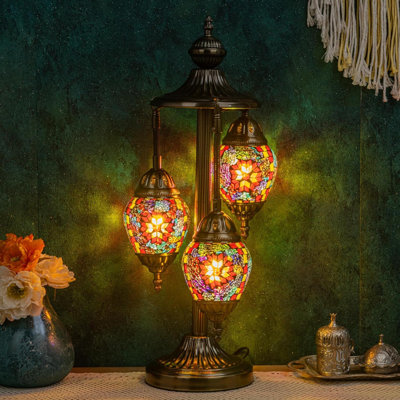 Lampe de table turque à 3 globes de style turc avec base en bronze, veilleuse colorée en mosaïque colorée Tiffany de 23 po de hauteur avec ampoule DEL pour le décor de la chambre à coucher