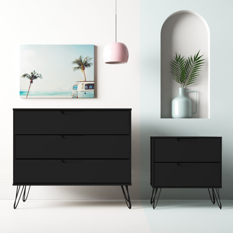 Ensemble de chambre à coucher 2 pièces avec commode et table de chevet moderne Rockefeller, Noir