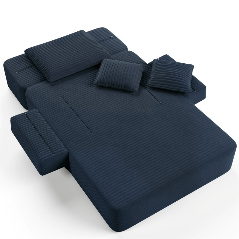 Chaise longue en velours côtelé luxueux avec 3 coussins, Tissu bleu