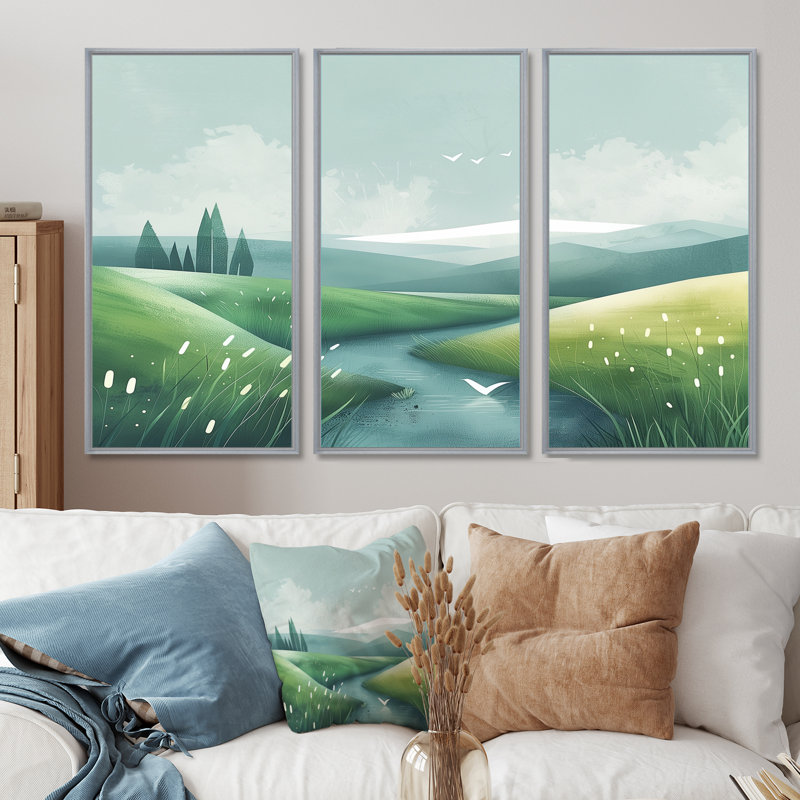 «Green Grey Pond Meadows In Tuscany I», ensemble d'art mural de ferme, H 28 po x l 36 po x P 1 po