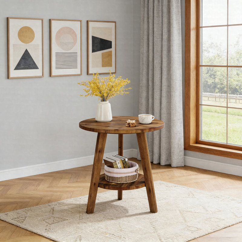 Table de bout ronde en bois massif - Table d'appoint de style campagnard avec tablette de rangement