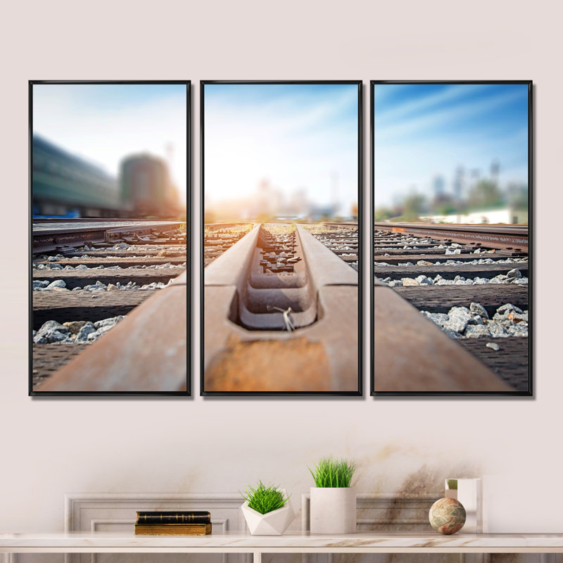 Cargo train plateforme avec contenant - ensemble d'art mural sur toile encadré paysage de 3, Cadre noir