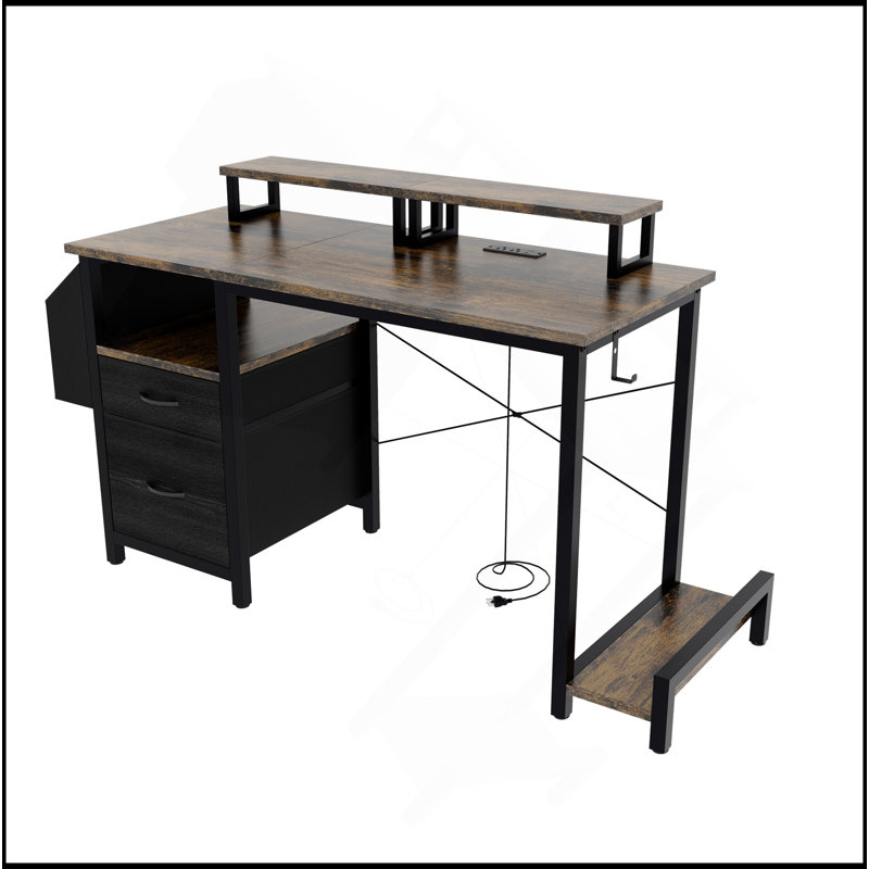 Office Desk With Power Outlet,2 Monitor Stands,2 Drawers,Side Pocket,Easy To Assemble,Frame Stability Reversible,Use For Home Desk, Computer Desk, Game Table