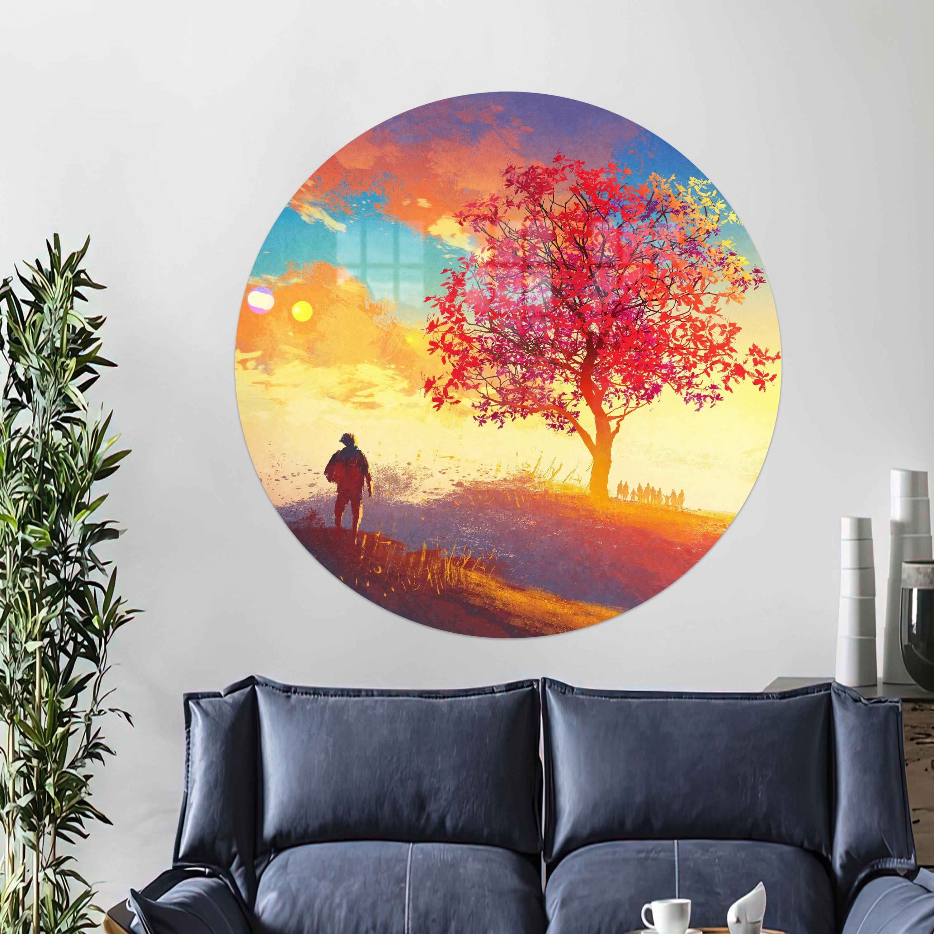 Handcrafted Landscape Glass Art Featuring A Lone Man Ideal for Trendy Kitchen or Man Cave Wall Decor and A Thoughtful Personalized Gift for Him Red, image size:3000x3000