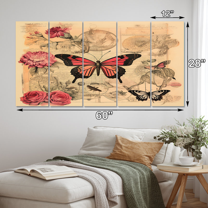 Illustration rétro d'un papillon rose romantique - reproduction sur toile d'animaux - 5 panneaux égaux