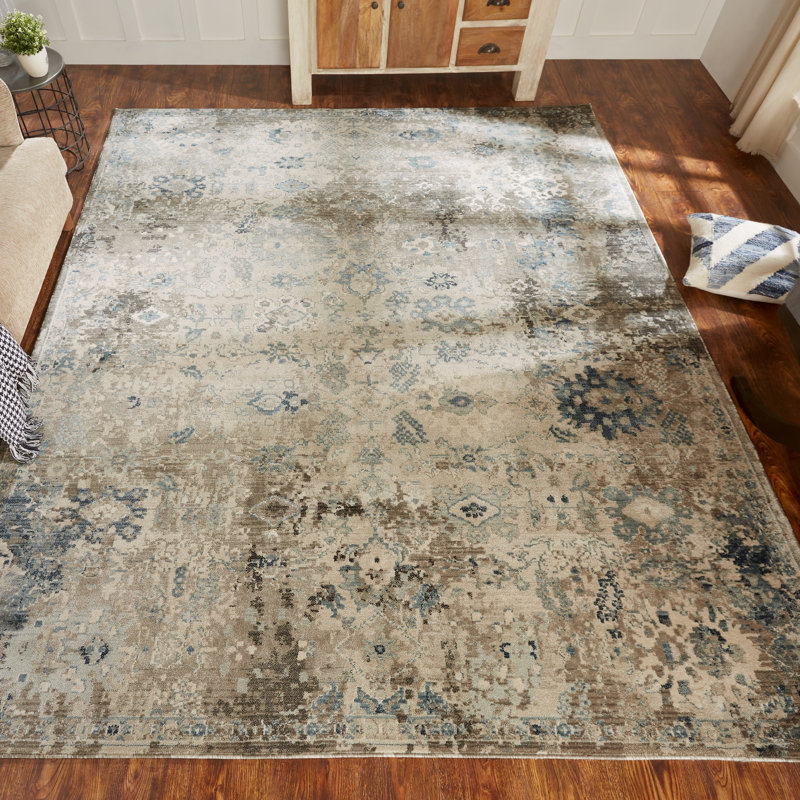 Tedford Abstract Area Rug in Ivory/Blue, Runner 2'6" x 10'