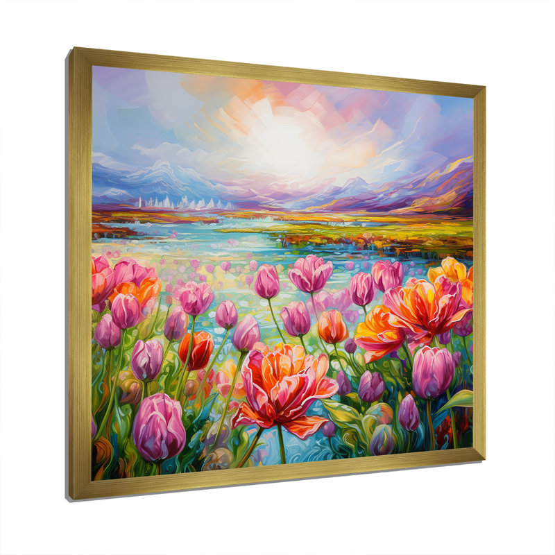 «Purple Tulips Field By The River II», reproduction sur toile, Cadre doré simple, H 24 po x l 24 po x P 1 po