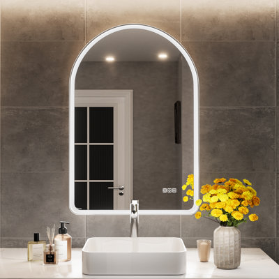 Arch LED Wall Mirror With Defogger, White Floating Backlit Bathroom Mirror, Etl & Fcc