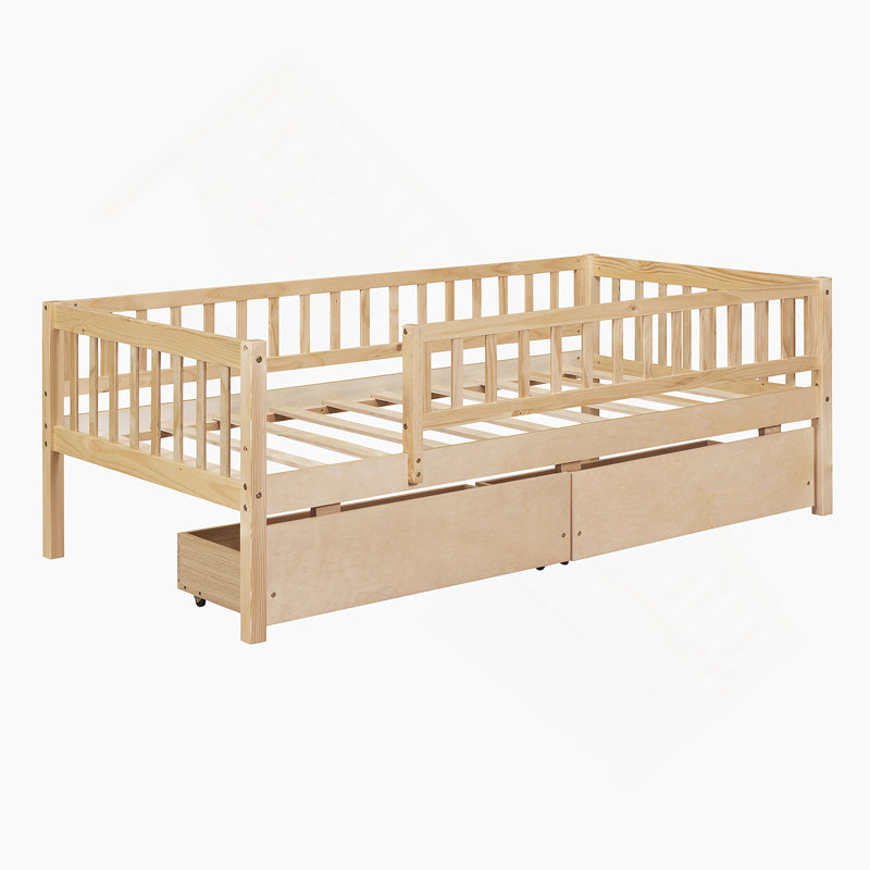 Kallel Daybed with Two Drawers and Guardrails, Twin, Natural