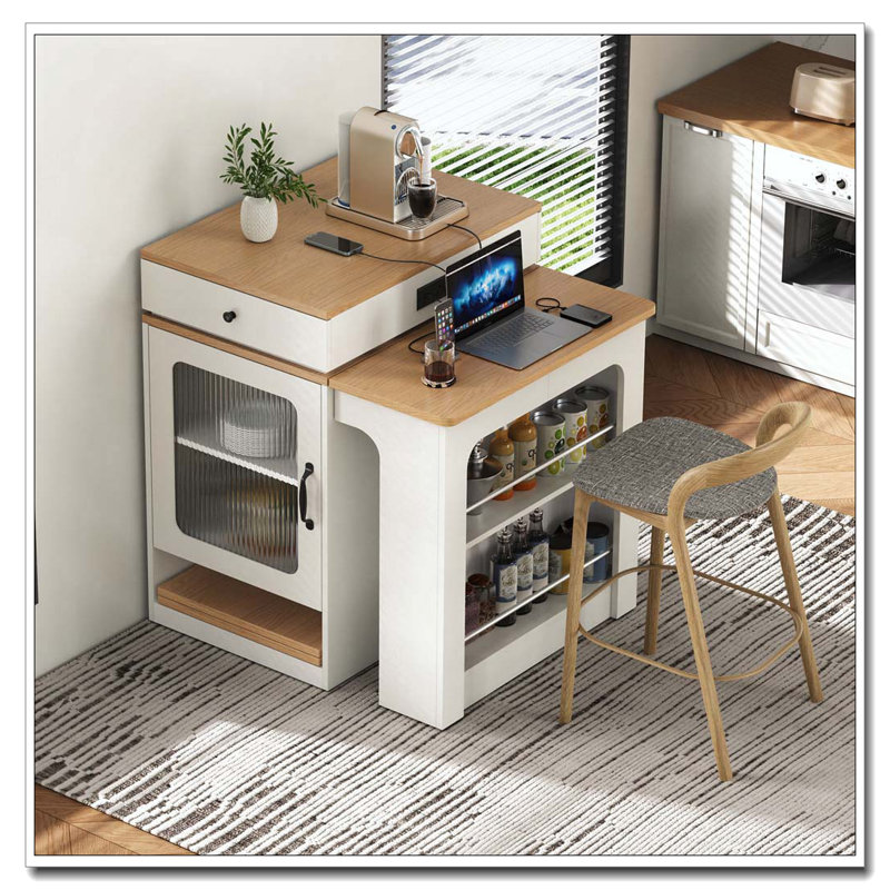 59.5"Kitchen Island With Extendable Dining Table, Kitchen Storage Table With Double-Sided Storage, Kitchen Island With 2 Drawers, Power Outlet, Side Open Shelves, For Kitchen
