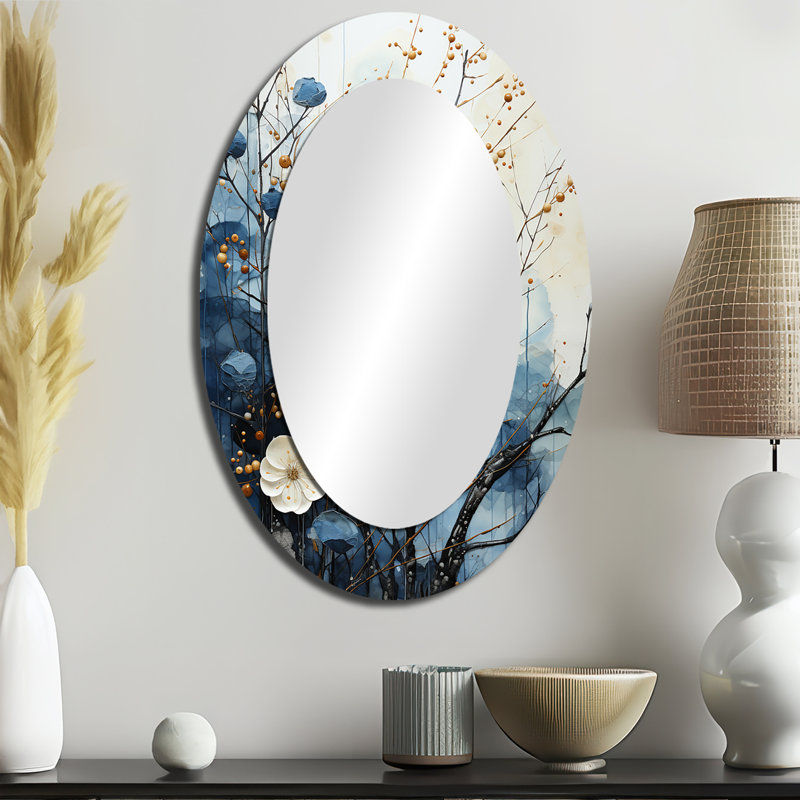 Japon Art Blue Serene Zen Minamlism Landscape II - Blue Oval Wall Mirror Decor, 36" x 24"