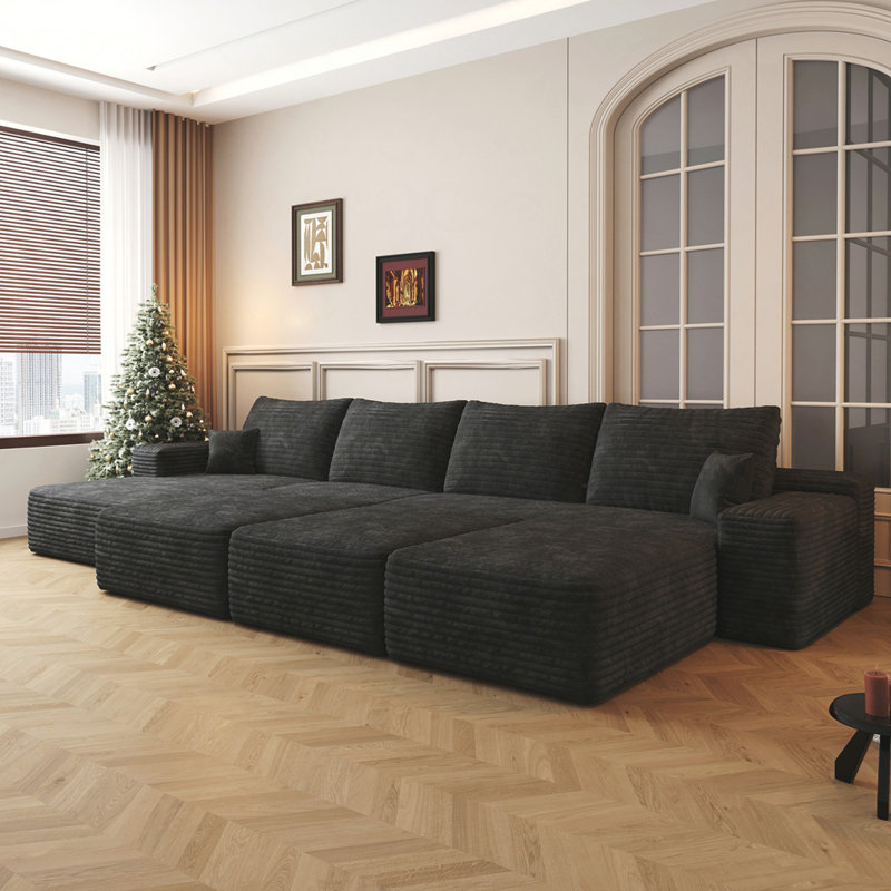 Canapé modulaire Boneless, Velours côtelé noir, Orienté à gauche (vu de face)