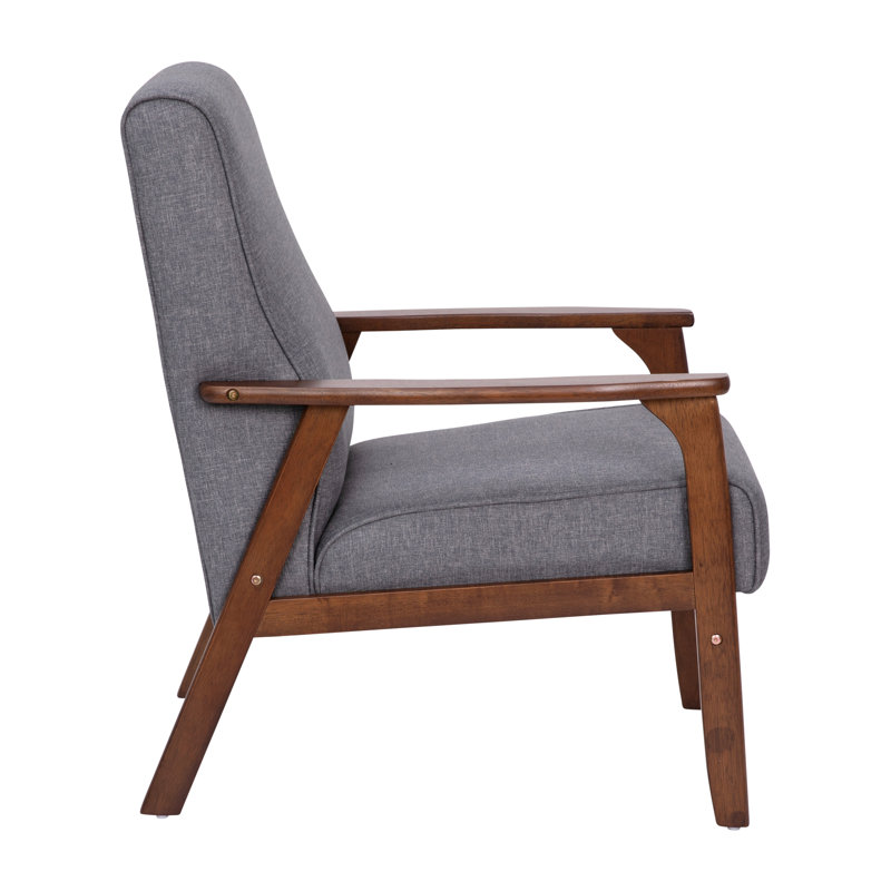 Chaise rembourrée de qualité commerciale de style Mid-Century avec structure et accoudoirs en bois