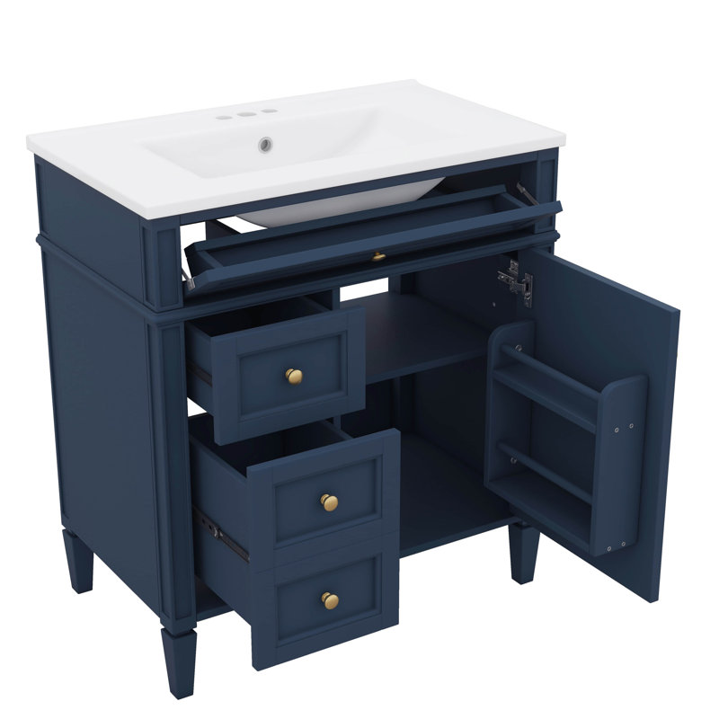 Meuble-lavabo innovant de 30 po avec lavabo, 2 tiroirs, 1 armoire et 1 tiroir basculant, Bleu, Doré