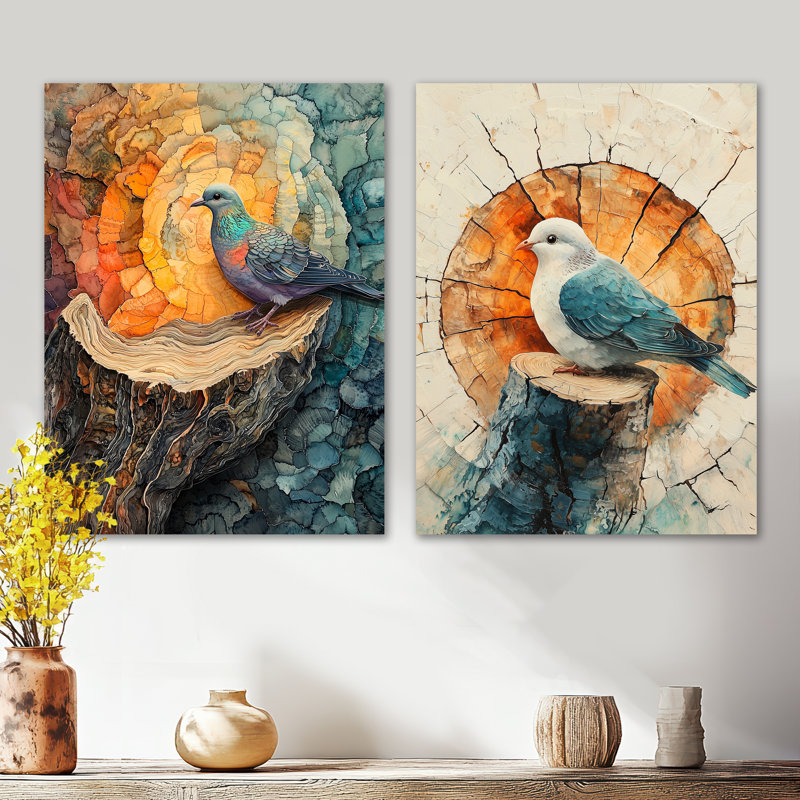 «Dove Animal at the Forest on Slide I - Birds», ensemble de 2 reproductions d'art mural en métal, 32" H x 48" W
