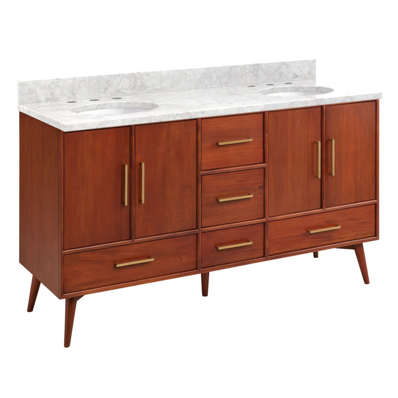 Ensemble de meuble-lavabo double 60 po avec lavabo sous-comptoir ovale 60 po Novak, 8 po, Marbre de Carrare, Blanc