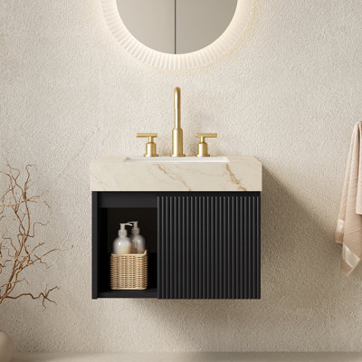 Meuble-lavabo suspendu EIDEN 61 cm (24 po), lavabo en céramique avec comptoir en pierre frittée couleur crème veinée or et lavabo en céramique avec 3 trous prépercés pour robinetterie, démonté, sans robinetterie ni bonde, couleur noire