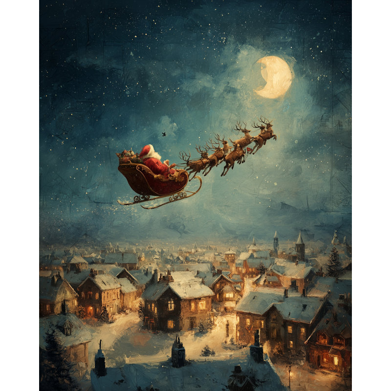 Père Noël survolant un village enneigé sous la lune, art mural sur toile, 24 po x 30 po