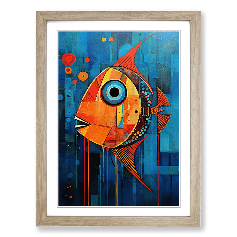 Fish Expressionism - Single Picture Frame Print on Wood, 46cm H x 34cm W x 2cm D, Oak