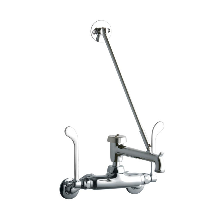 Service/Utility Single Hole Wall Mount Faucet w/7" Bucket Hook Spout 6" Wristblade Handles 2" Inlet Chrome