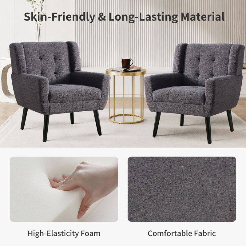 Tufted Upholstered Wide Back Armchair（Set of 2）, Dark Grey Boucle