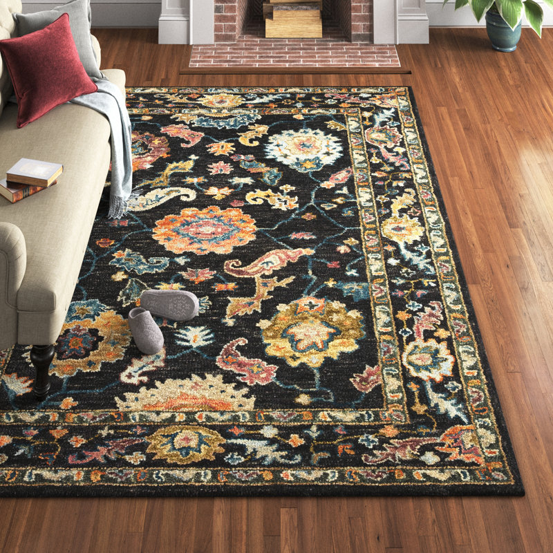 Tapis noir en laine bouclé / crocheté à la main Elmsford, Rectangle de 5 pi x 7 pi 6 po