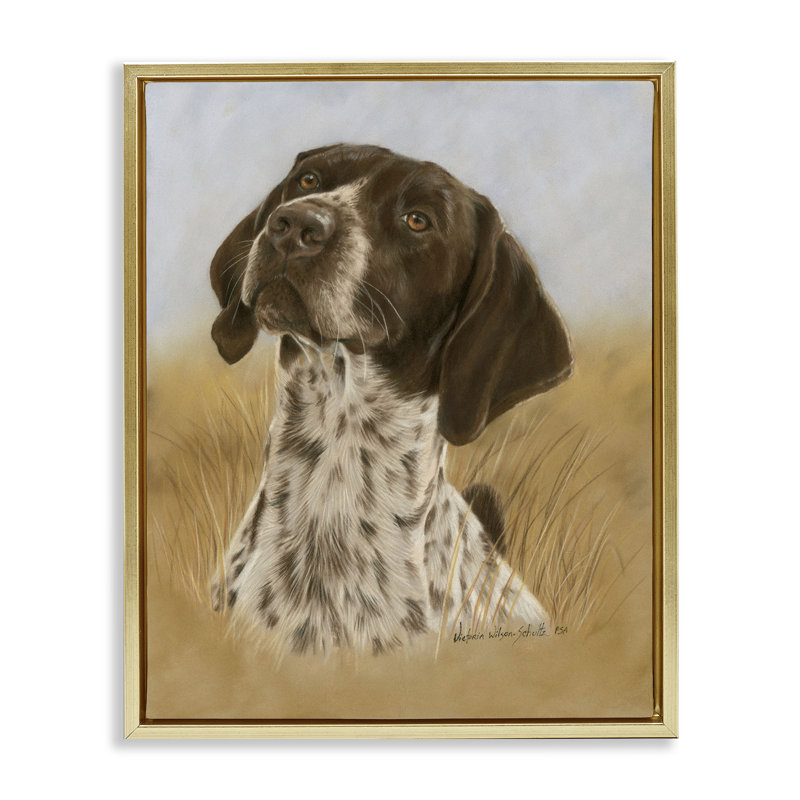 Art mural sur toile flottante, "Pointer Hunting Dog" par Victoria Schultz, Cadre flottant métallique doré, H 21 po x l 17 po