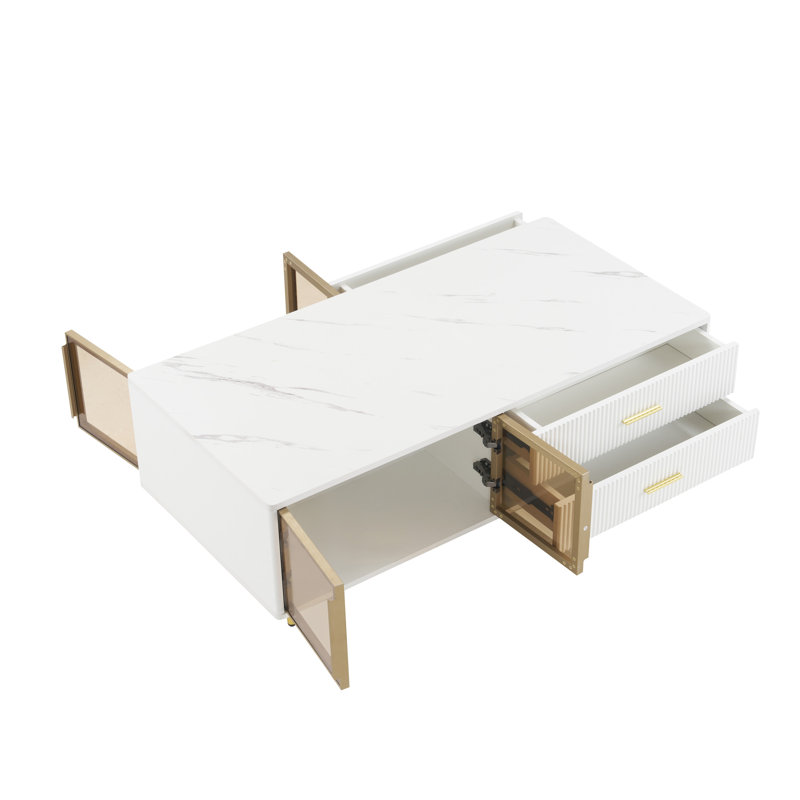 Table basse de 47,2 po avec 2 portes de rangement en verre, 4 tiroirs, pieds dorés, table blanche