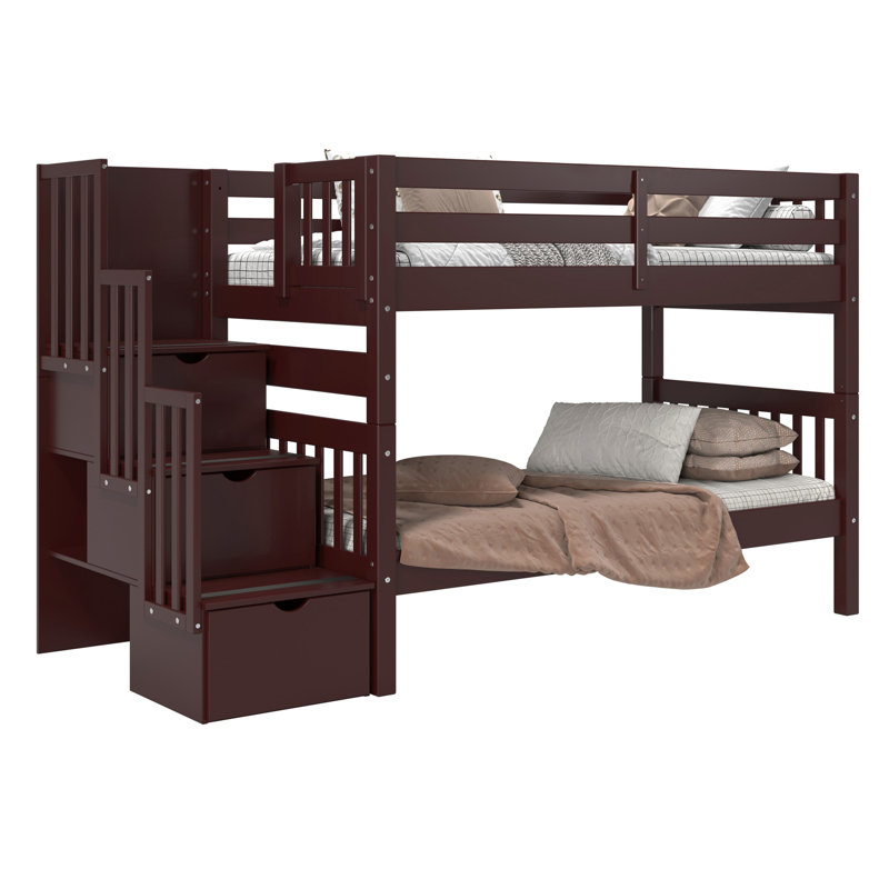 Tena Twin over Twin Solid Wood Standard Bunk Bed with a 3 Step Stairway and 3 Built-In Drawers, Dark Cherry, Dark Cherry