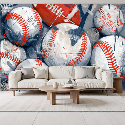 Peel and Stick Wallpaper Graffiti Sport Trendy Cool Pop Colorful American Football Basketball Wall Murals 69"H x 96"W Removable PVC Wall Paper Self-Adhesive Wall Decor for Bedroom Living Room Home Office