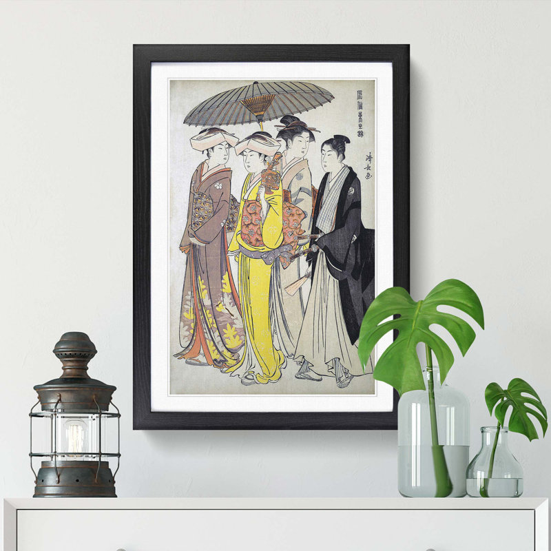 A Lady And Maids by Torii Kiyonaga - Single Picture Frame Painting, Black Framed, 45cm H x 33cm W x 2cm D
