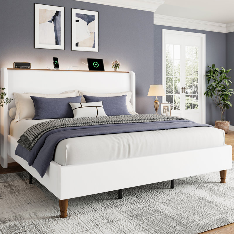 Upholstered Platform Bed With Led Lights & Charging Station, King, White