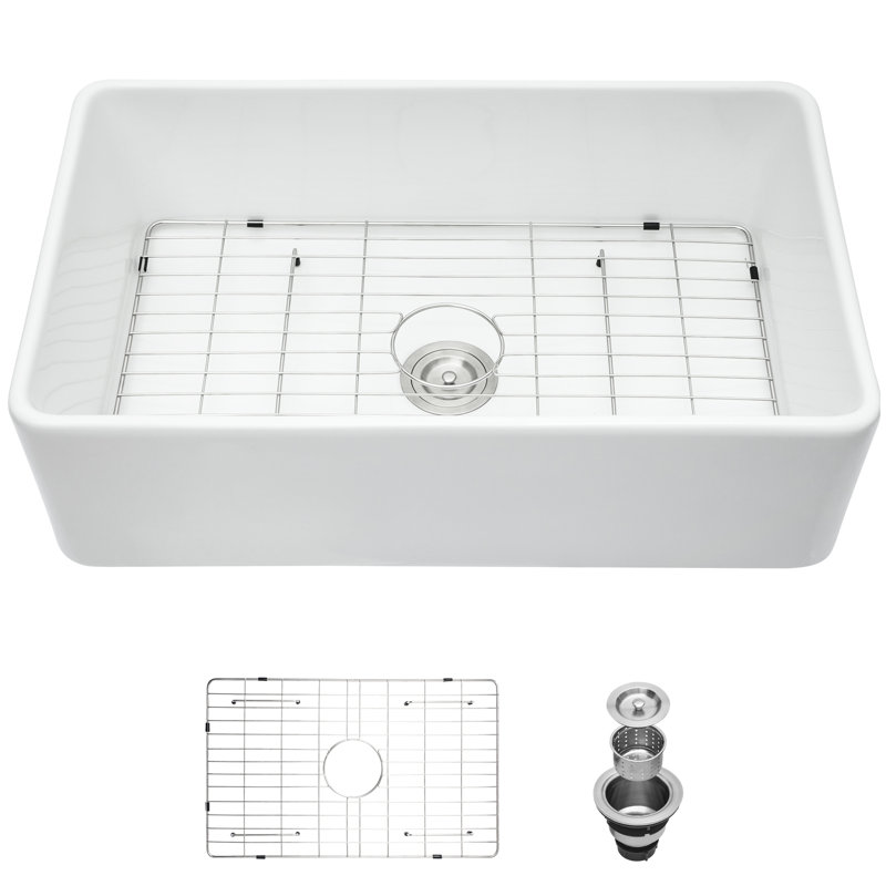 Évier à cuve simple en céramique à tablier blanc de 30 pouces - Avantage de la puce, profond et facile à nettoyer avec les accessoires inclus