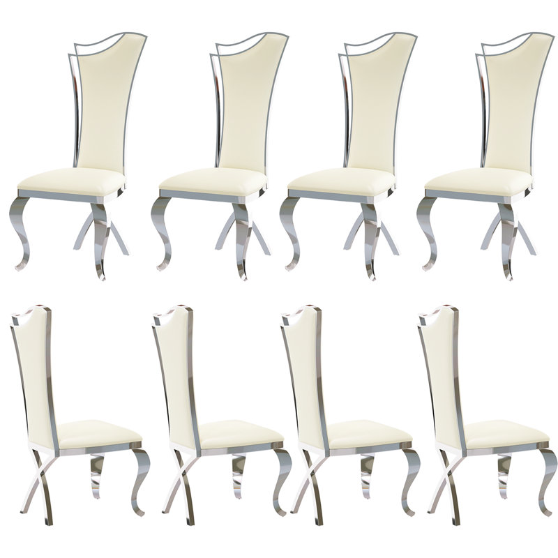 Chaises de salle à manger en cuir blanc avec pieds croisés en métal argenté