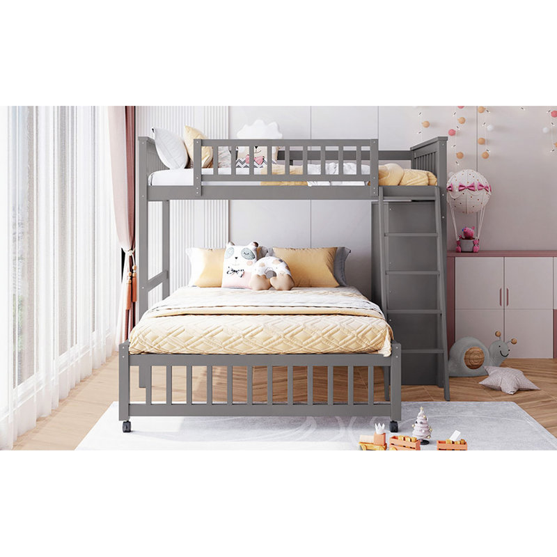 Lit superposé simple au-dessus de double en bois avec six tiroirs et tablettes flexibles, lit inférieur avec roulettes, Gris