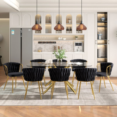 Elegant 71" Modern Retro Dining Table Set For 4-8, Rectangular Glass Top Dining Table With Stainless Steel Base & Velvet Arm Chairs, Multi-Purpose Kitchen Dining Room Furniture For Gathering, Living Room, Restaurant