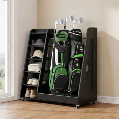 35'' Wooden Golf Bag Storage Rack, Easy Assembly Golf Club Organizer Stand with Side Golf Club Holders for Home Garage Golf Equipment Organization