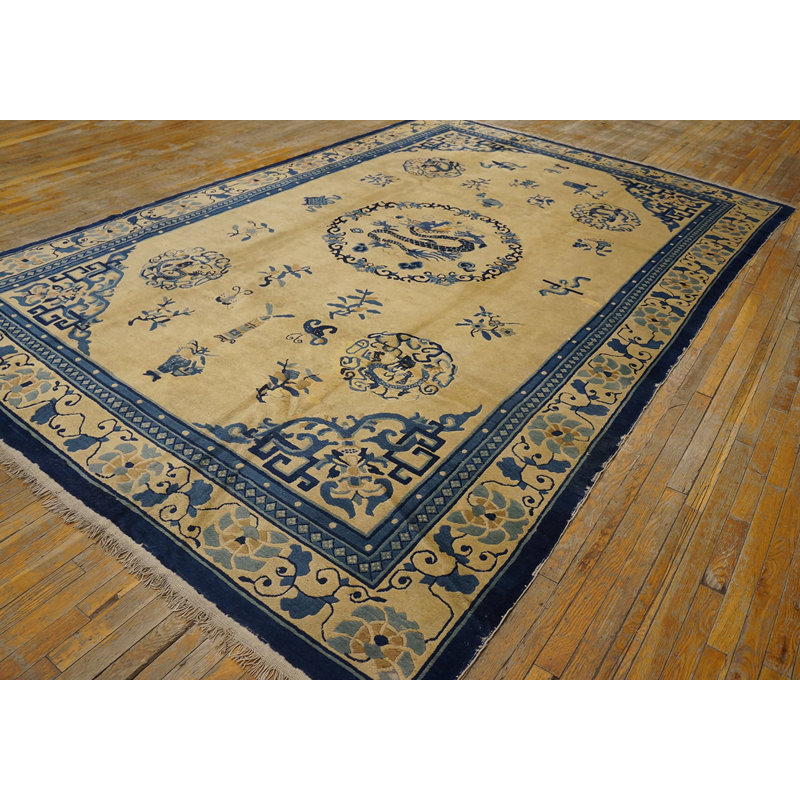 Antique Peking Chinese Medallion Blue Navy, Ivory 1900s Rug