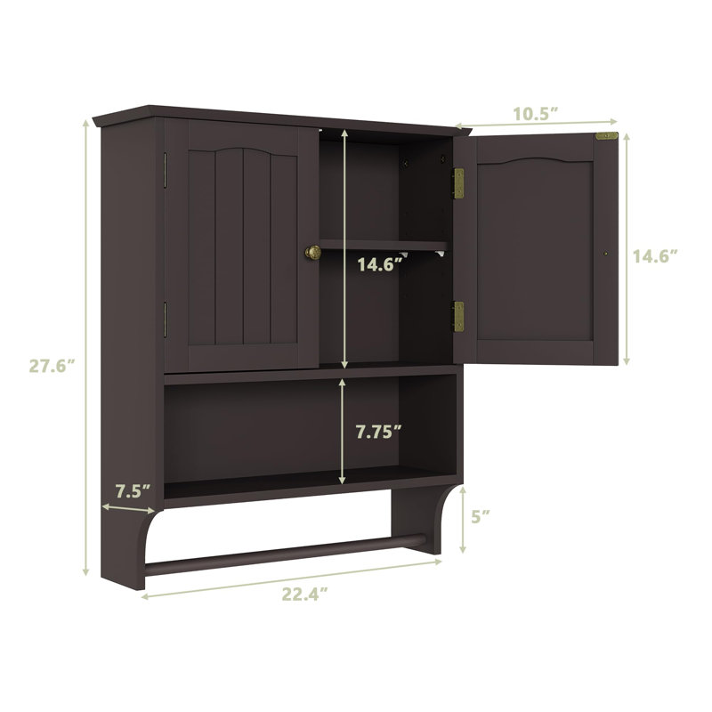 Brown MDF Wall Mounted Bathroom Cabinet with Adjustable Shelves and Towel Bar