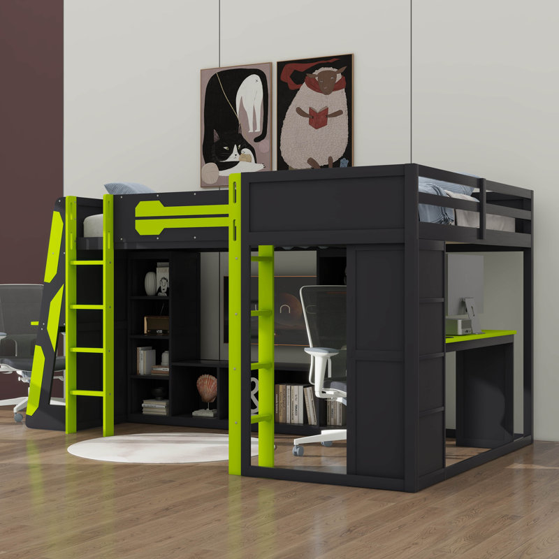 Lit simple en L à hauteur simple avec bureaux intégrés, structure de lit de jeu en bois avec DEL RVB, connecteurs USB, support pour téléviseur et unités de rangement