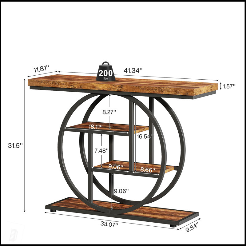 Console industrielle de 41,3 pouces avec 4 tablettes de rangement à 4 niveaux, structure en métal circulaire unique pour les entrées et les salons modernes