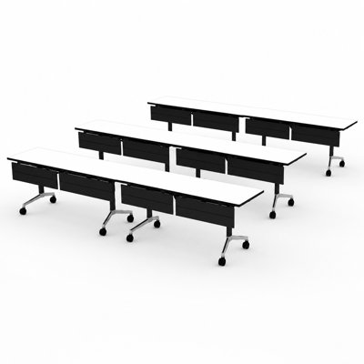 12 Person Fold-up Training Tables, Extra Long for Seminars and Conferences with White color Thick Tops, Fold-Up Legs & Integrated Power Boxes.