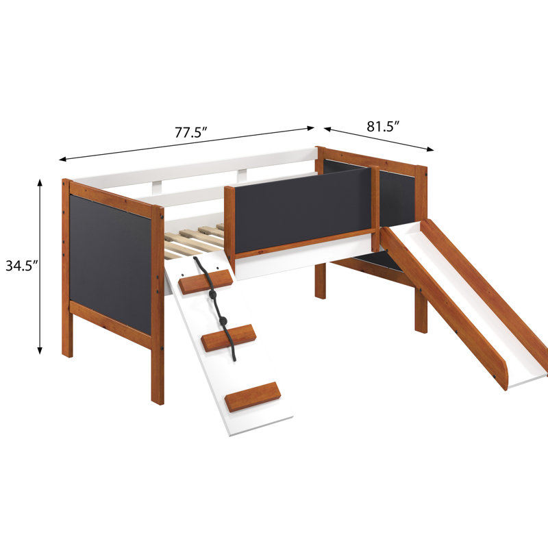 Lit mezzanine simple avec panneaux coulissants et tableau noir, conception en chêne cerisier blanc, fixe pour accès, système à 13 lattes, structure en bois, encourage la créativité, zone de sommeil confortable dans le tableau noir,