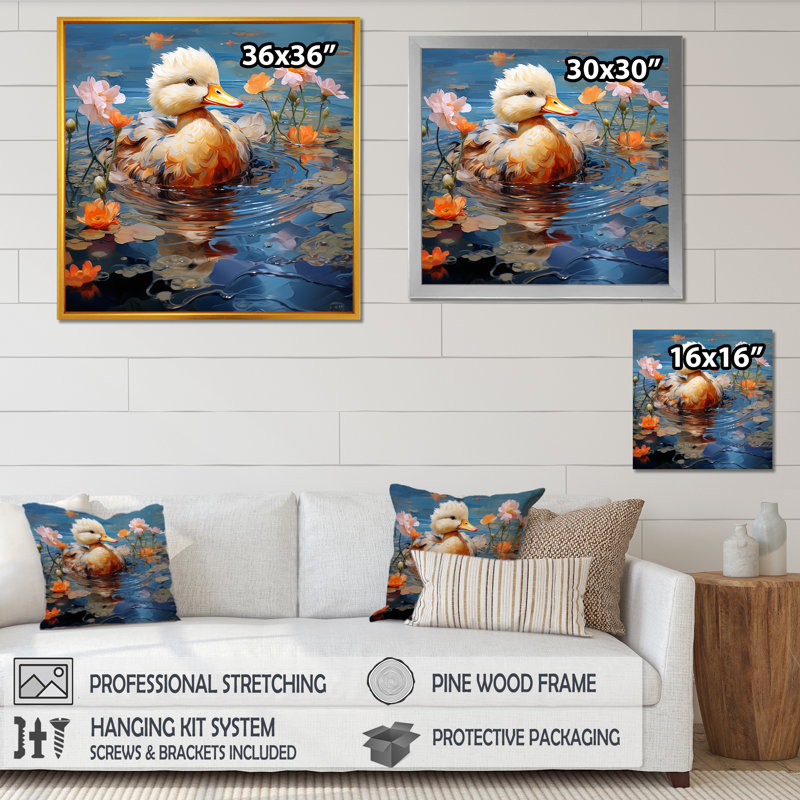 «Ducklings Morning Quack Lake I», art mural canard, Cadre flottant noir, H 30 po x l 30 po x P 1,5 po