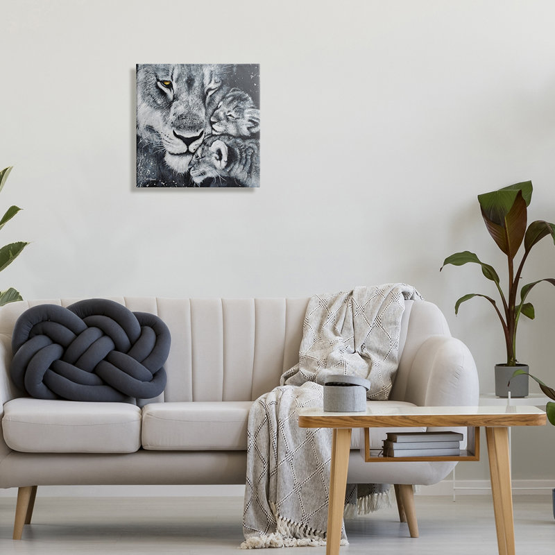 " Loving Baby Tigers Cuddling Mother Monochrome Portrait " by Britt Hallowell, 17" W x 17" H, Wrapped Canvas