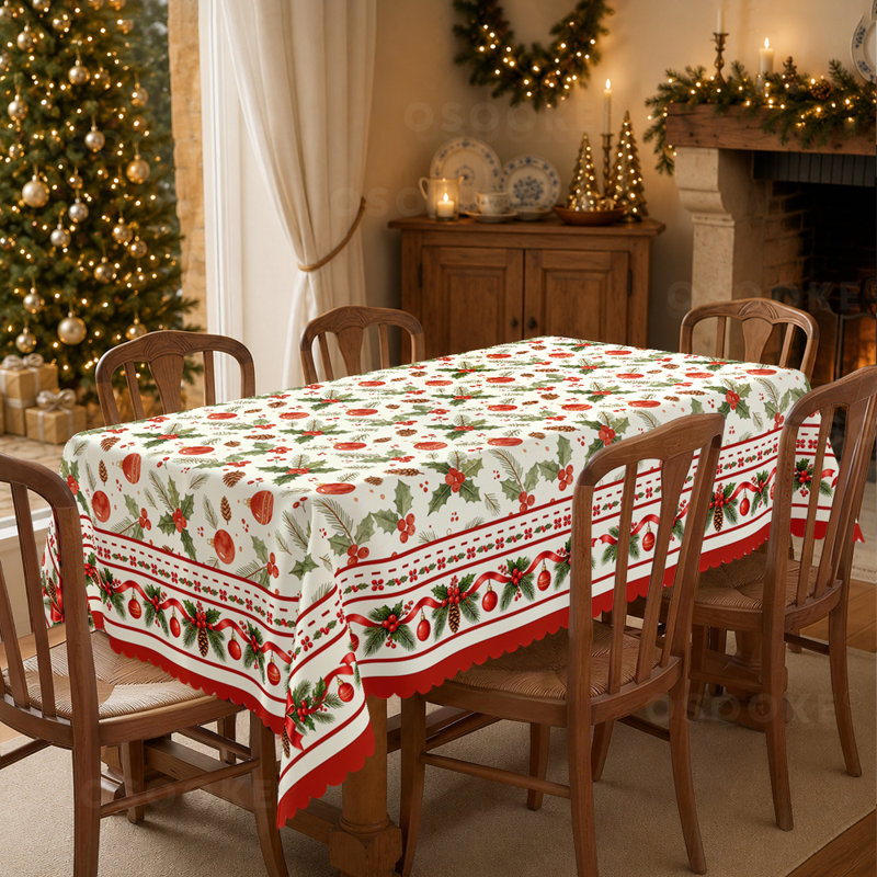 Classic Holly Berry Tablecloth, Red Ornament Pinecone Table Cloth, Rectangle-60x86in