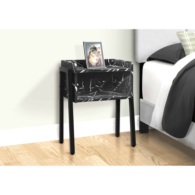 Table d'appoint, côté, bout, table de chevet, lampe, stratifié aspect marbre noir, métal noir