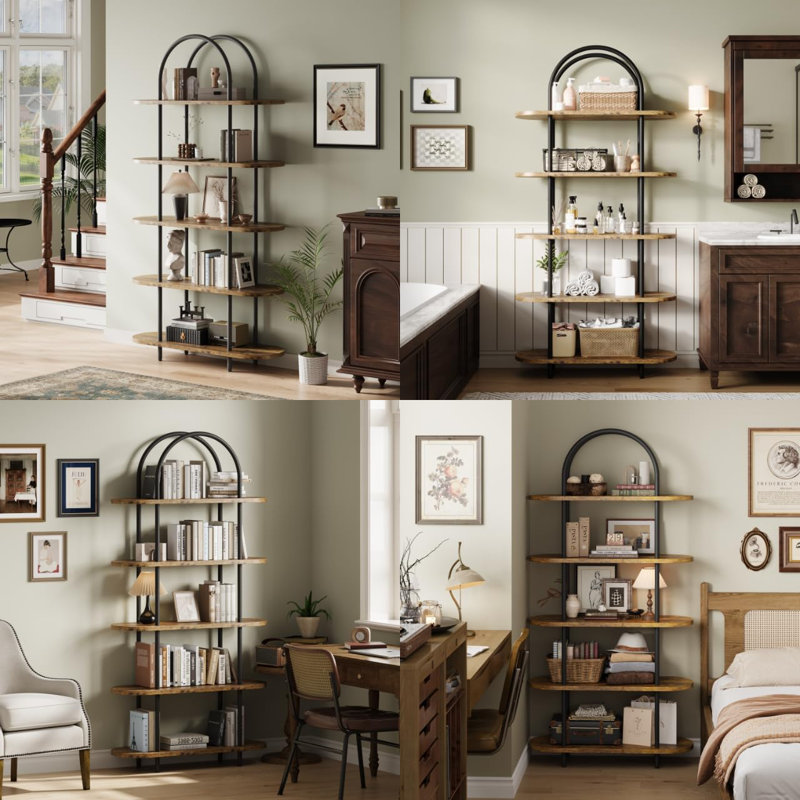 71" Bookshelf 5 Tier Bookcase Arched Display Racks Tall Bookshelf Freestanding Open Storage Shelf, Black