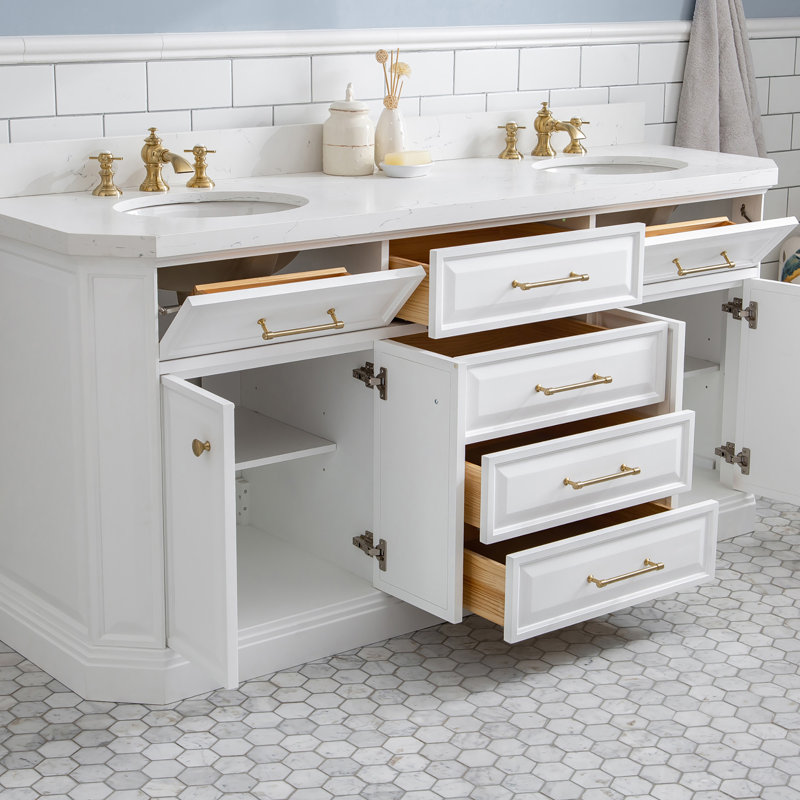 Ensemble de meuble-lavabo double 72 po Bruning, Blanc pur, Laiton satiné